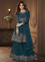 Georgette Teal Blue Party Wear Embroidery Work Sharara Suit